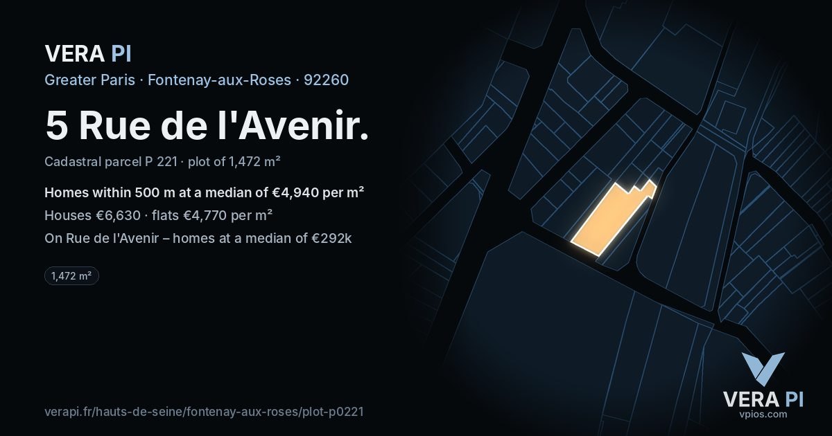 5 Rue de l'Avenir, Fontenay-aux-Roses at night – the plot lit, the parcels around coloured by the prices near them