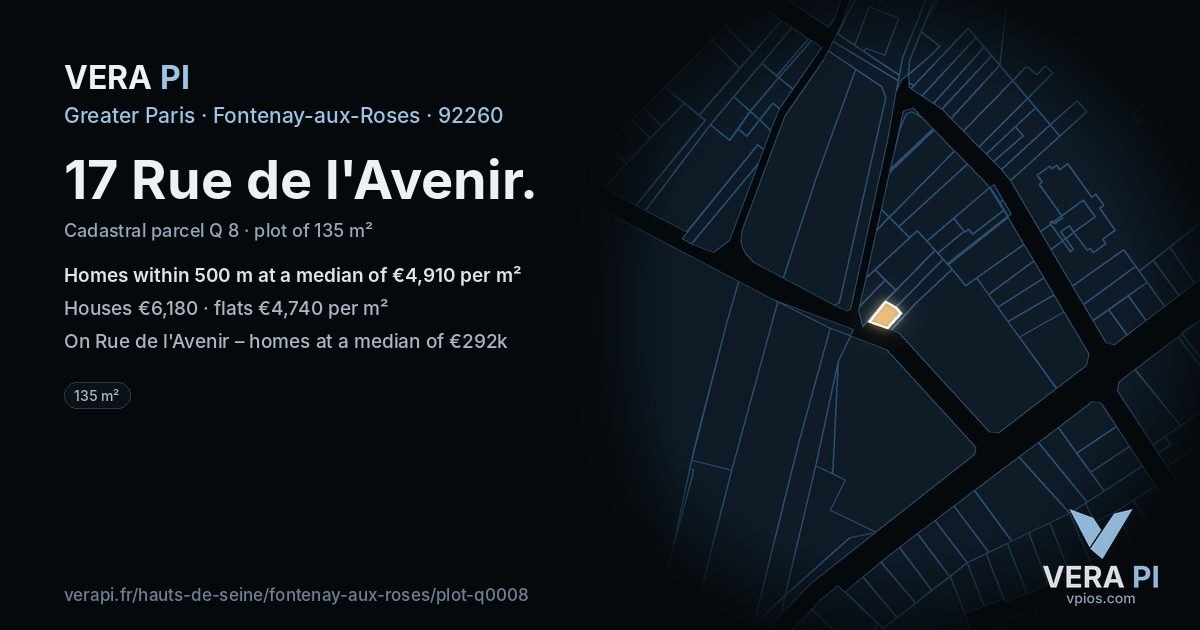 17 Rue de l'Avenir, Fontenay-aux-Roses at night – the plot lit, the parcels around coloured by the prices near them