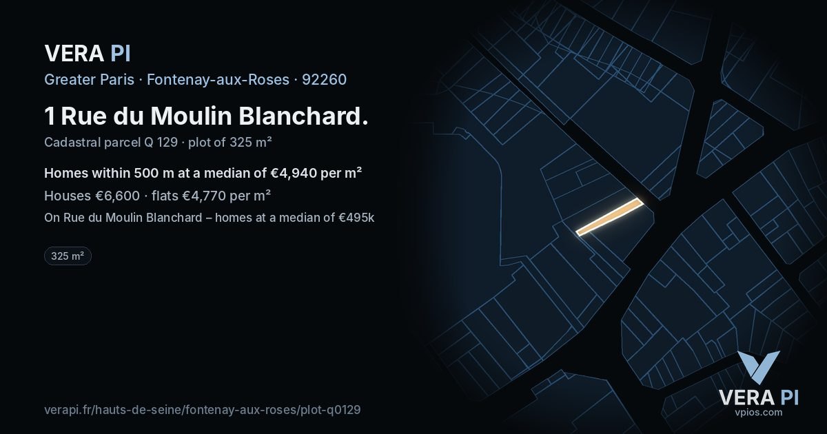 1 Rue du Moulin Blanchard, Fontenay-aux-Roses at night – the plot lit, the parcels around coloured by the prices near them
