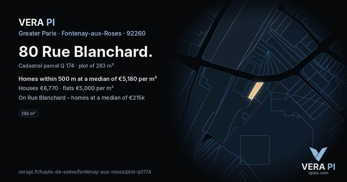 80 Rue Blanchard, Fontenay-aux-Roses at night – the plot lit, the parcels around coloured by the prices near them