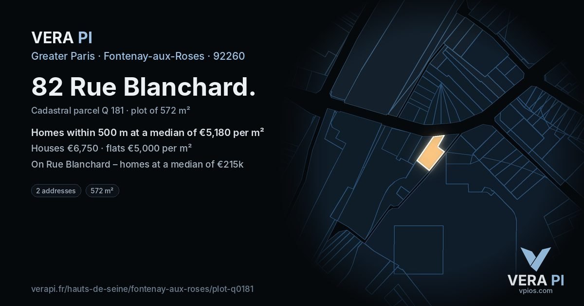 82 Rue Blanchard, Fontenay-aux-Roses at night – the plot lit, the parcels around coloured by the prices near them