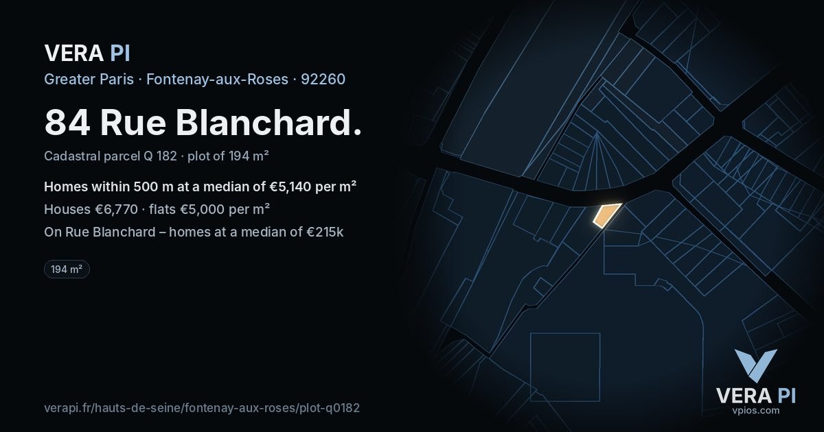 84 Rue Blanchard, Fontenay-aux-Roses at night – the plot lit, the parcels around coloured by the prices near them