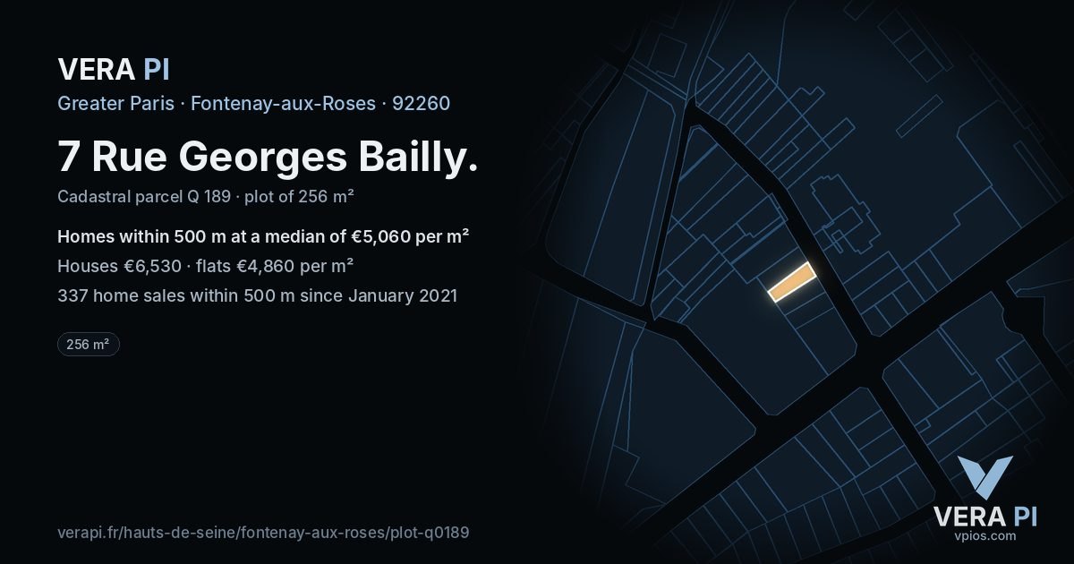 7 Rue Georges Bailly, Fontenay-aux-Roses at night – the plot lit, the parcels around coloured by the prices near them