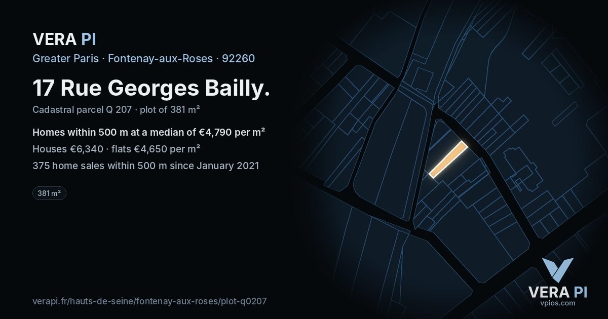 17 Rue Georges Bailly, Fontenay-aux-Roses at night – the plot lit, the parcels around coloured by the prices near them