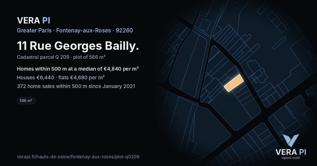 11 Rue Georges Bailly, Fontenay-aux-Roses at night – the plot lit, the parcels around coloured by the prices near them