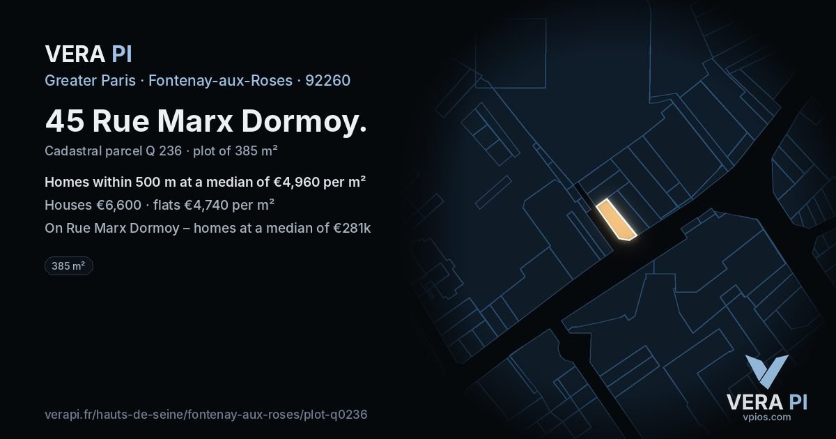 45 Rue Marx Dormoy, Fontenay-aux-Roses at night – the plot lit, the parcels around coloured by the prices near them