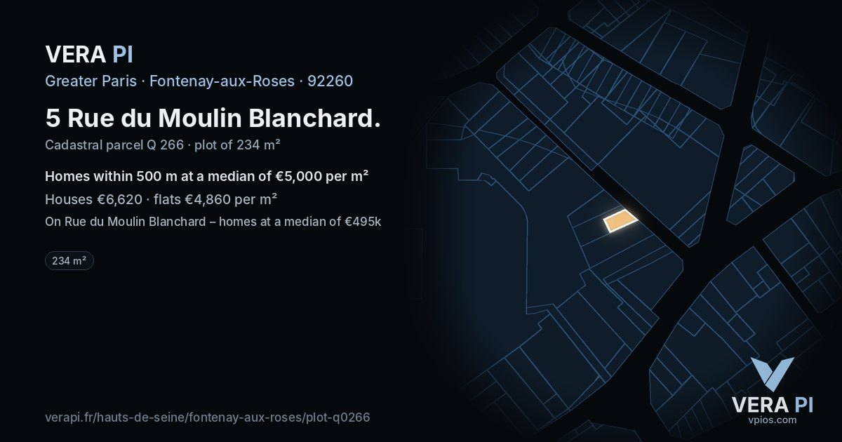 5 Rue du Moulin Blanchard, Fontenay-aux-Roses at night – the plot lit, the parcels around coloured by the prices near them