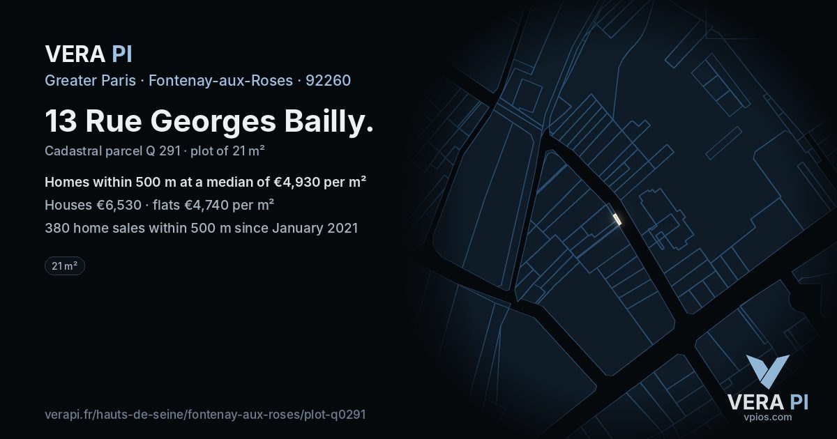 13 Rue Georges Bailly, Fontenay-aux-Roses at night – the plot lit, the parcels around coloured by the prices near them