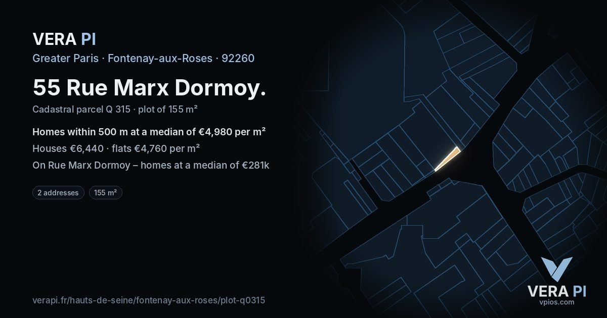 55 Rue Marx Dormoy, Fontenay-aux-Roses at night – the plot lit, the parcels around coloured by the prices near them