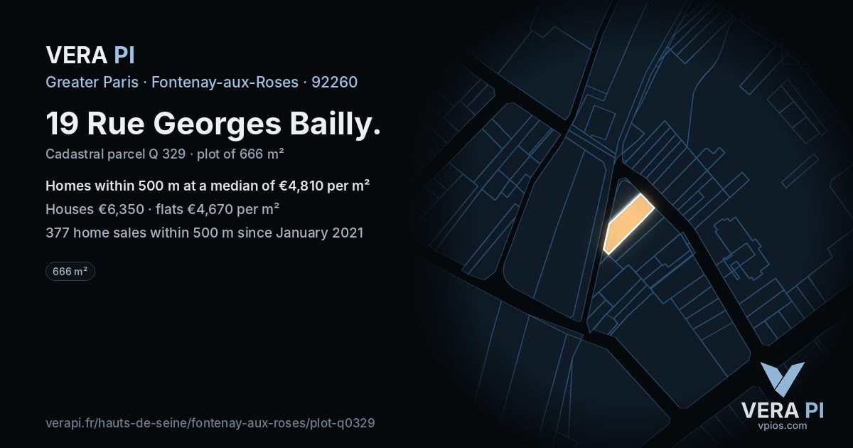 19 Rue Georges Bailly, Fontenay-aux-Roses at night – the plot lit, the parcels around coloured by the prices near them