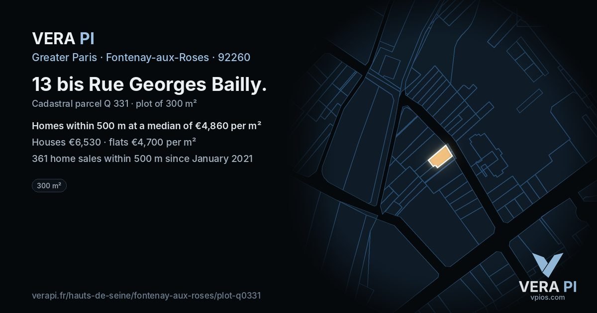 13 bis Rue Georges Bailly, Fontenay-aux-Roses at night – the plot lit, the parcels around coloured by the prices near them