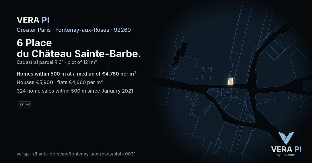 6 Place du Château Sainte-Barbe, Fontenay-aux-Roses at night – the plot lit, the parcels around coloured by the prices near them
