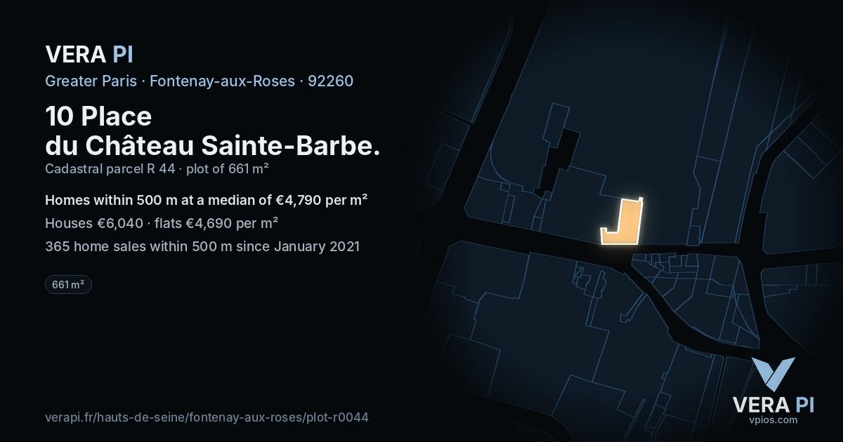 10 Place du Château Sainte-Barbe, Fontenay-aux-Roses at night – the plot lit, the parcels around coloured by the prices near them