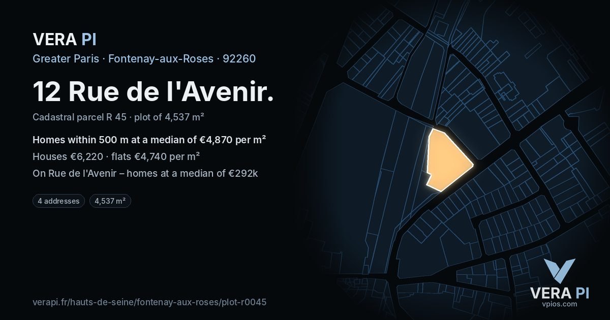 12 Rue de l'Avenir, Fontenay-aux-Roses at night – the plot lit, the parcels around coloured by the prices near them