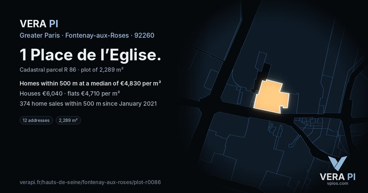 1 Place de l’Eglise, Fontenay-aux-Roses at night – the plot lit, the parcels around coloured by the prices near them