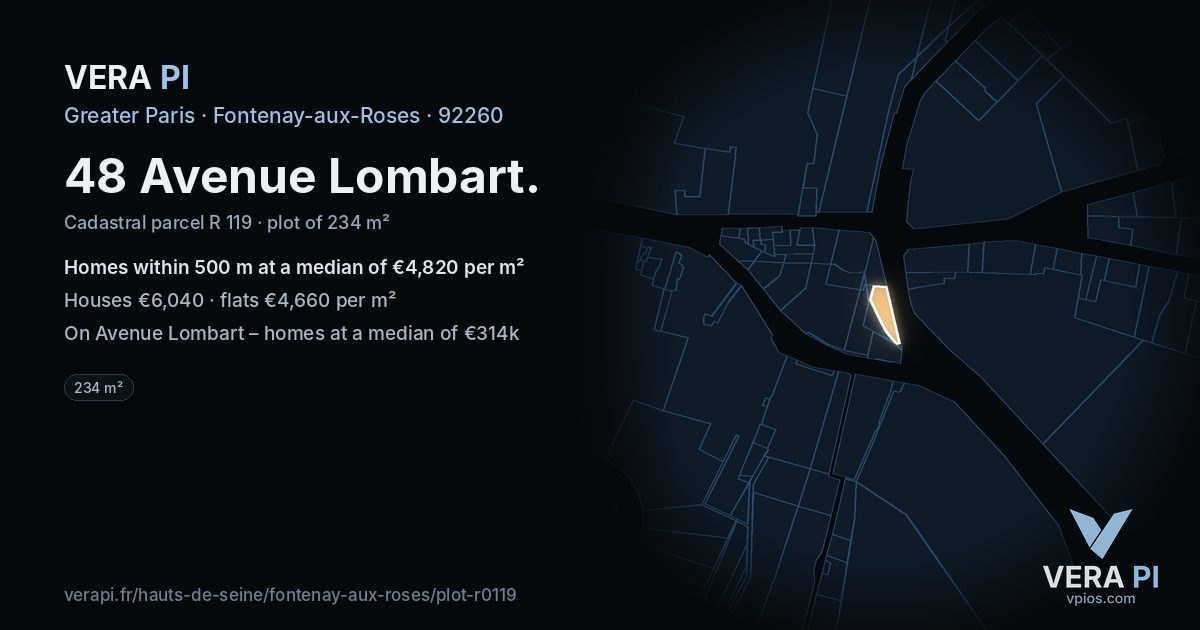 48 Avenue Lombart, Fontenay-aux-Roses at night – the plot lit, the parcels around coloured by the prices near them