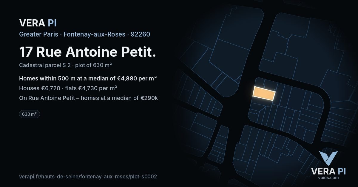 17 Rue Antoine Petit, Fontenay-aux-Roses at night – the plot lit, the parcels around coloured by the prices near them