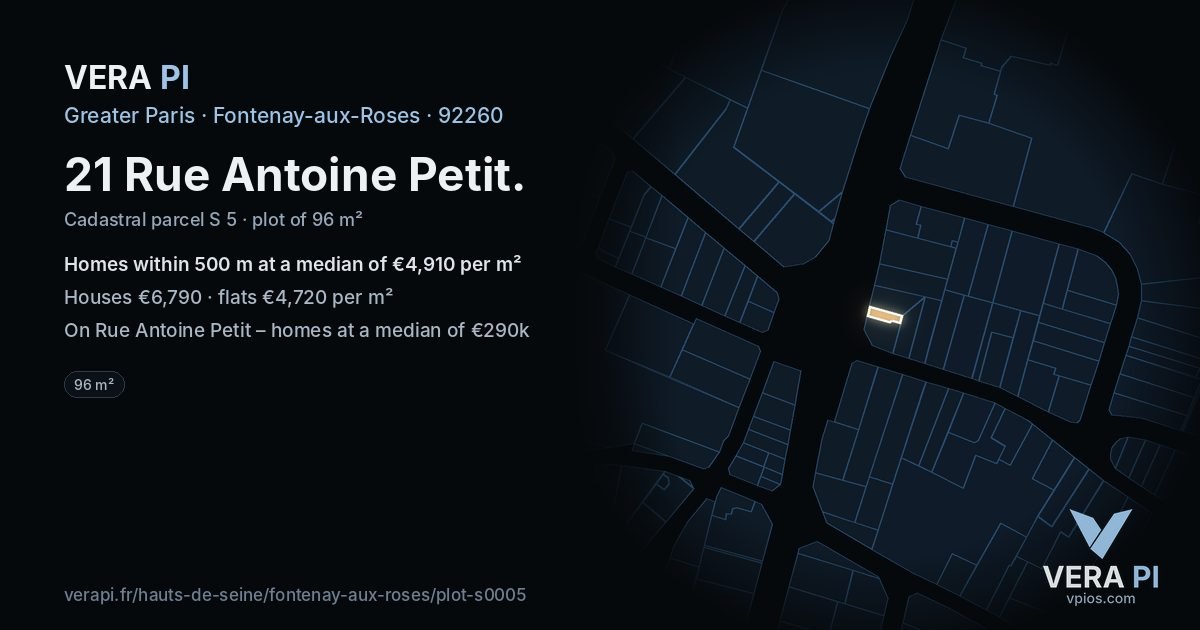 21 Rue Antoine Petit, Fontenay-aux-Roses at night – the plot lit, the parcels around coloured by the prices near them