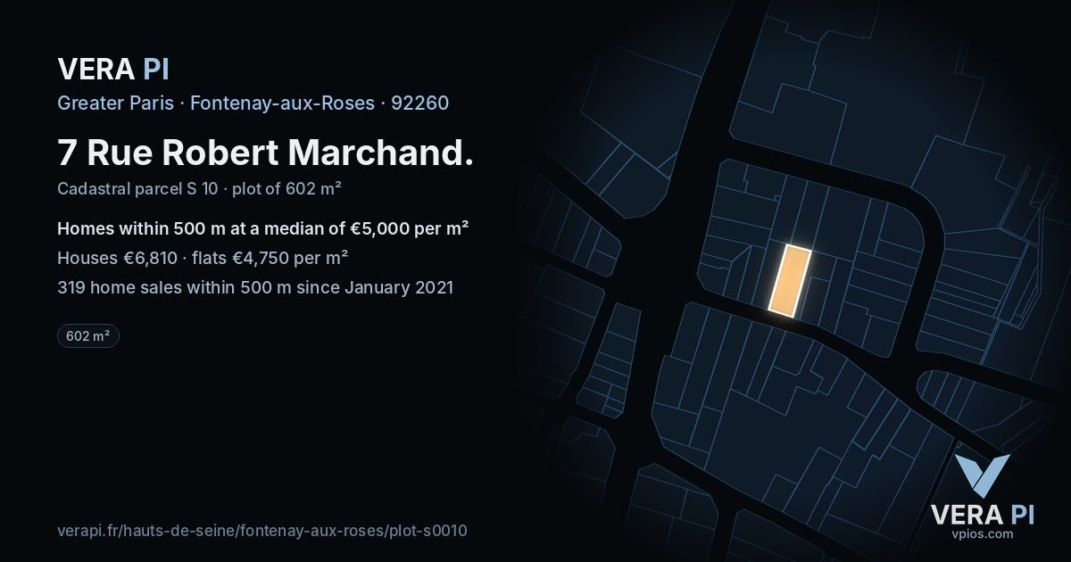 7 Rue Robert Marchand, Fontenay-aux-Roses at night – the plot lit, the parcels around coloured by the prices near them