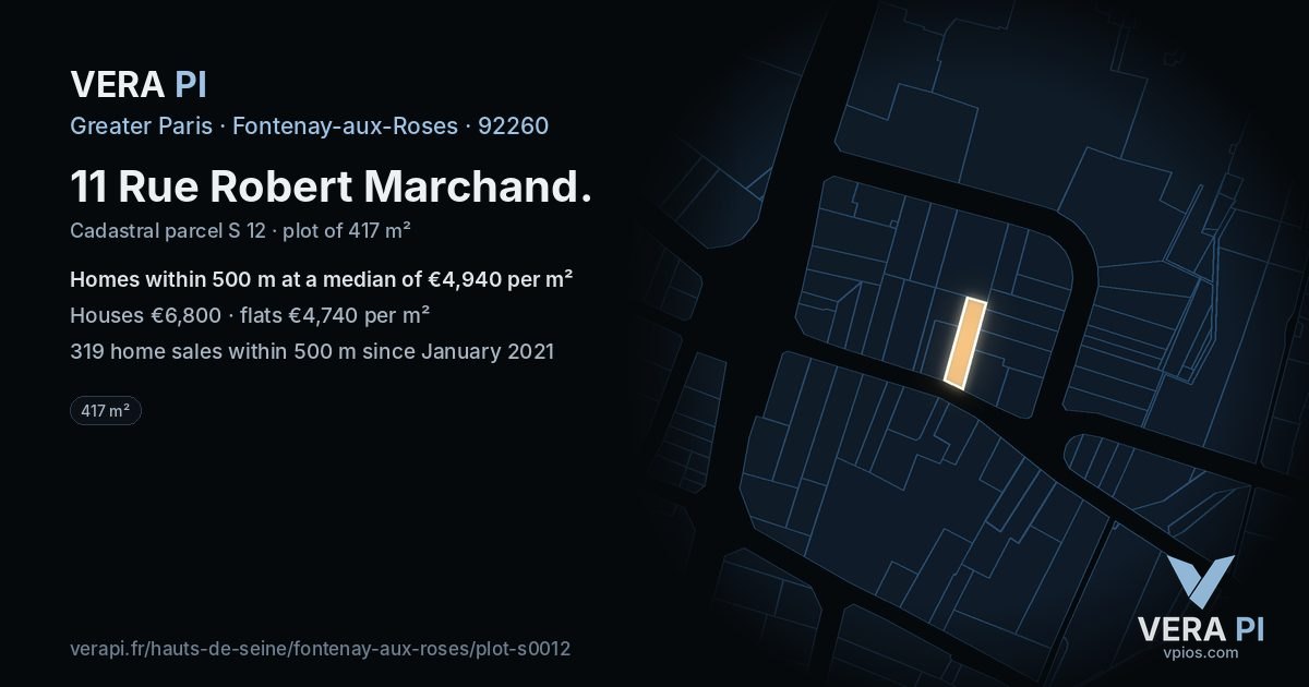 11 Rue Robert Marchand, Fontenay-aux-Roses at night – the plot lit, the parcels around coloured by the prices near them