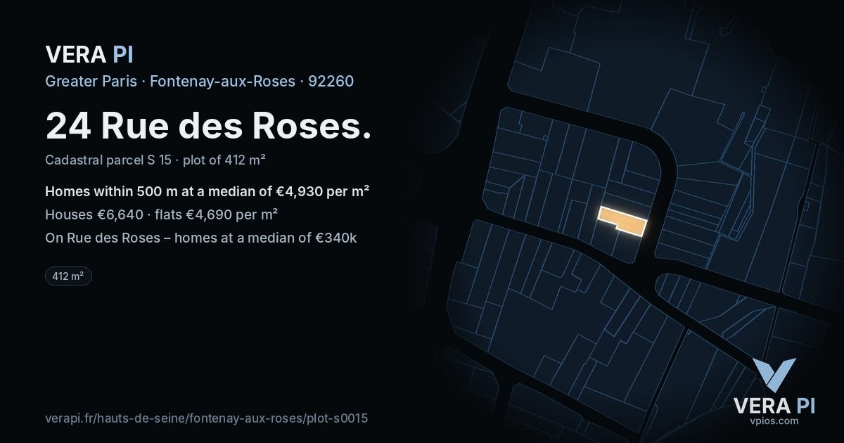 24 Rue des Roses, Fontenay-aux-Roses at night – the plot lit, the parcels around coloured by the prices near them