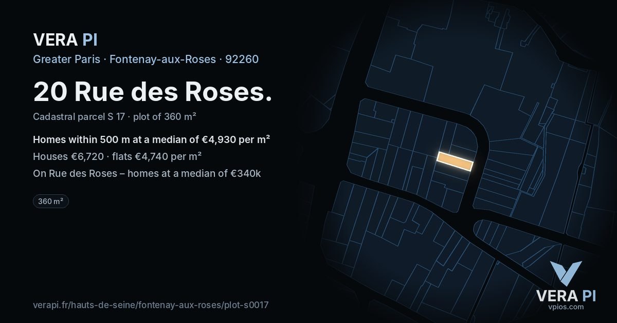 20 Rue des Roses, Fontenay-aux-Roses at night – the plot lit, the parcels around coloured by the prices near them