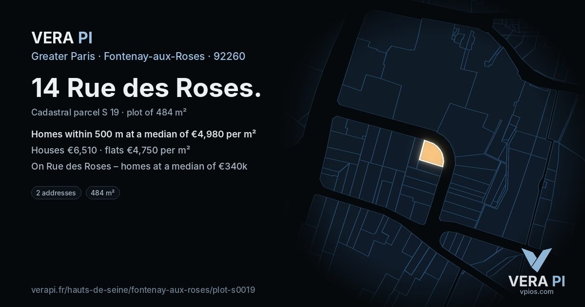 14 Rue des Roses, Fontenay-aux-Roses at night – the plot lit, the parcels around coloured by the prices near them