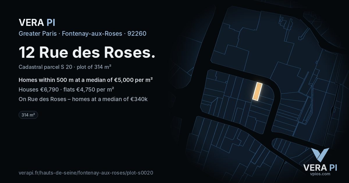 12 Rue des Roses, Fontenay-aux-Roses at night – the plot lit, the parcels around coloured by the prices near them