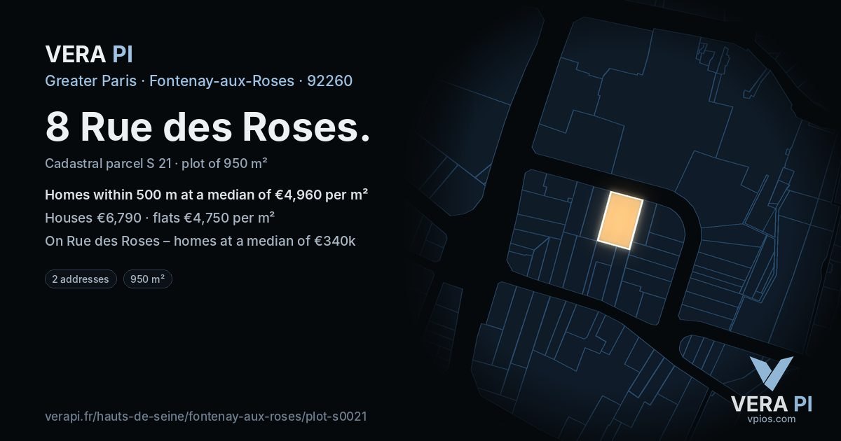 8 Rue des Roses, Fontenay-aux-Roses at night – the plot lit, the parcels around coloured by the prices near them