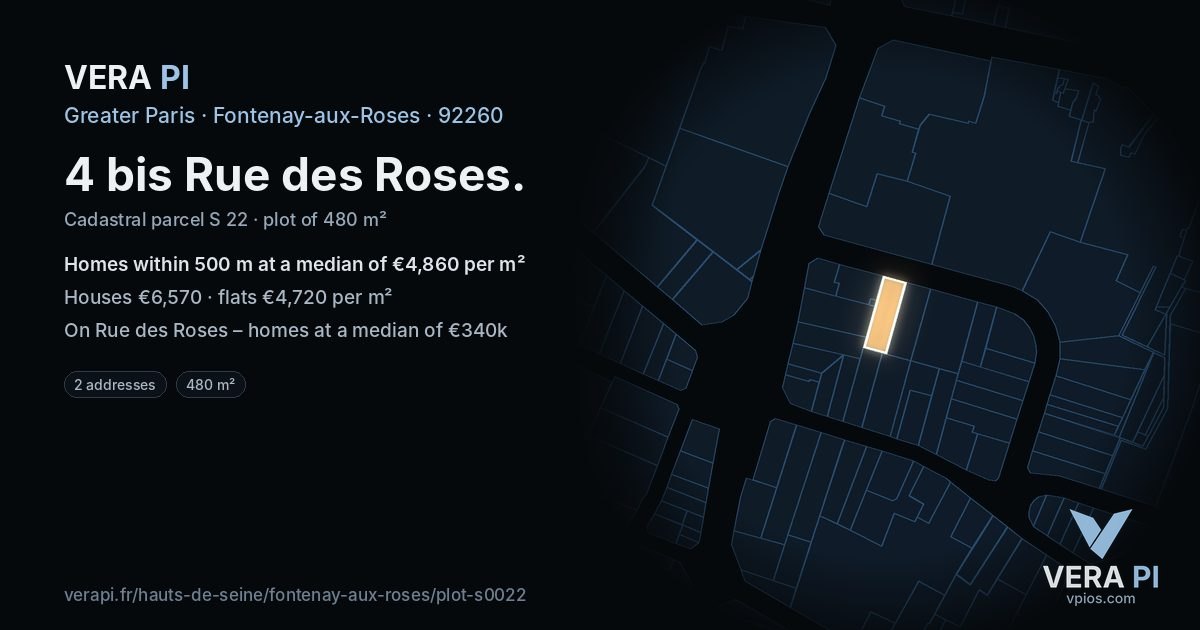 4 bis Rue des Roses, Fontenay-aux-Roses at night – the plot lit, the parcels around coloured by the prices near them