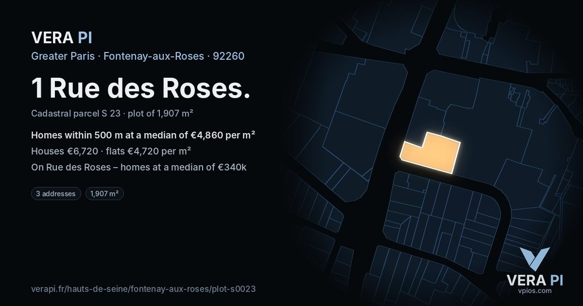 1 Rue des Roses, Fontenay-aux-Roses at night – the plot lit, the parcels around coloured by the prices near them
