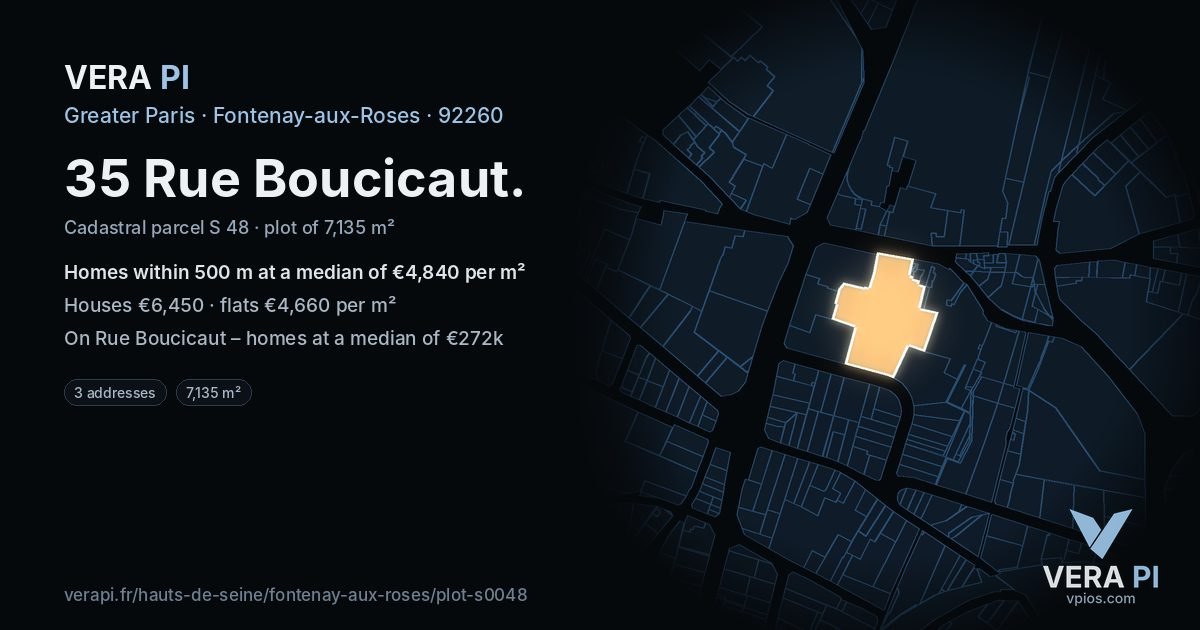 35 Rue Boucicaut, Fontenay-aux-Roses at night – the plot lit, the parcels around coloured by the prices near them