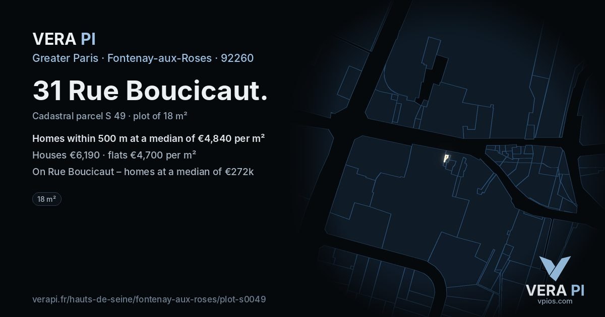 31 Rue Boucicaut, Fontenay-aux-Roses at night – the plot lit, the parcels around coloured by the prices near them