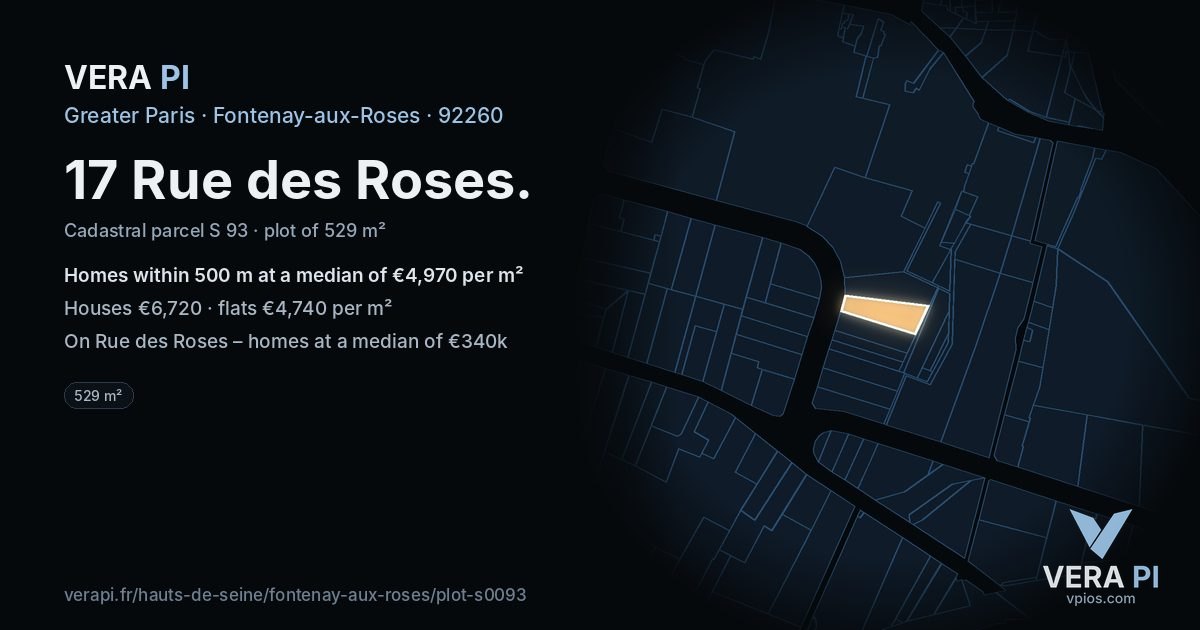 17 Rue des Roses, Fontenay-aux-Roses at night – the plot lit, the parcels around coloured by the prices near them