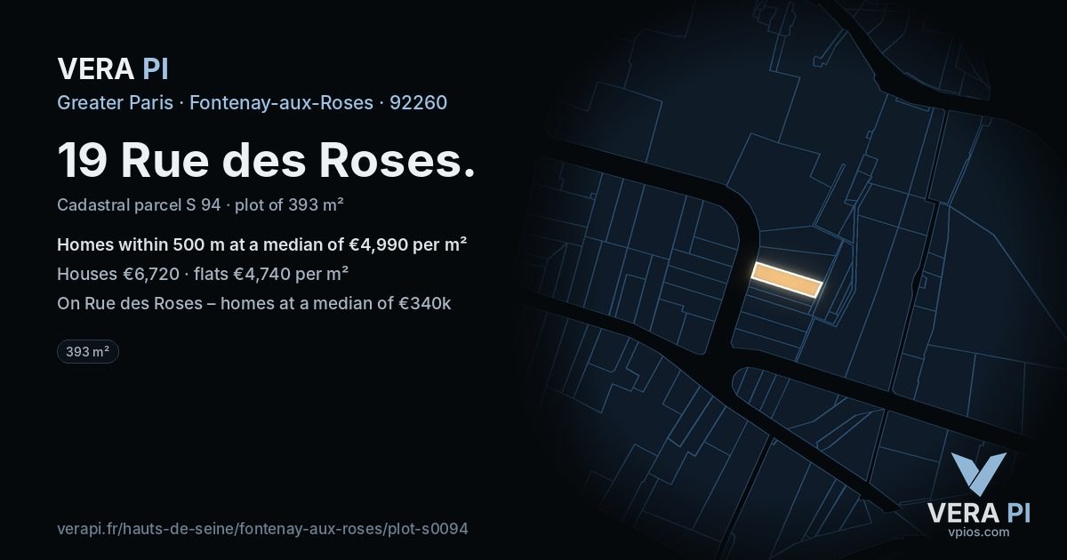 19 Rue des Roses, Fontenay-aux-Roses at night – the plot lit, the parcels around coloured by the prices near them