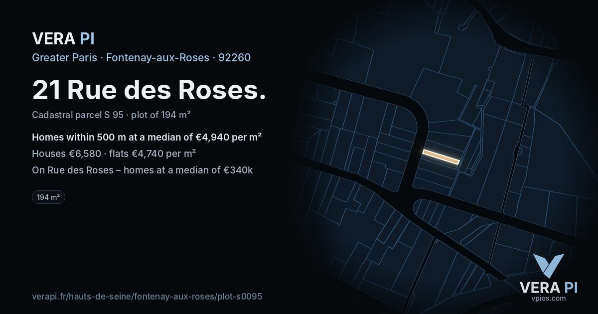 21 Rue des Roses, Fontenay-aux-Roses at night – the plot lit, the parcels around coloured by the prices near them