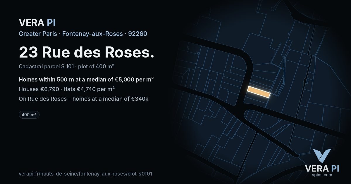 23 Rue des Roses, Fontenay-aux-Roses at night – the plot lit, the parcels around coloured by the prices near them