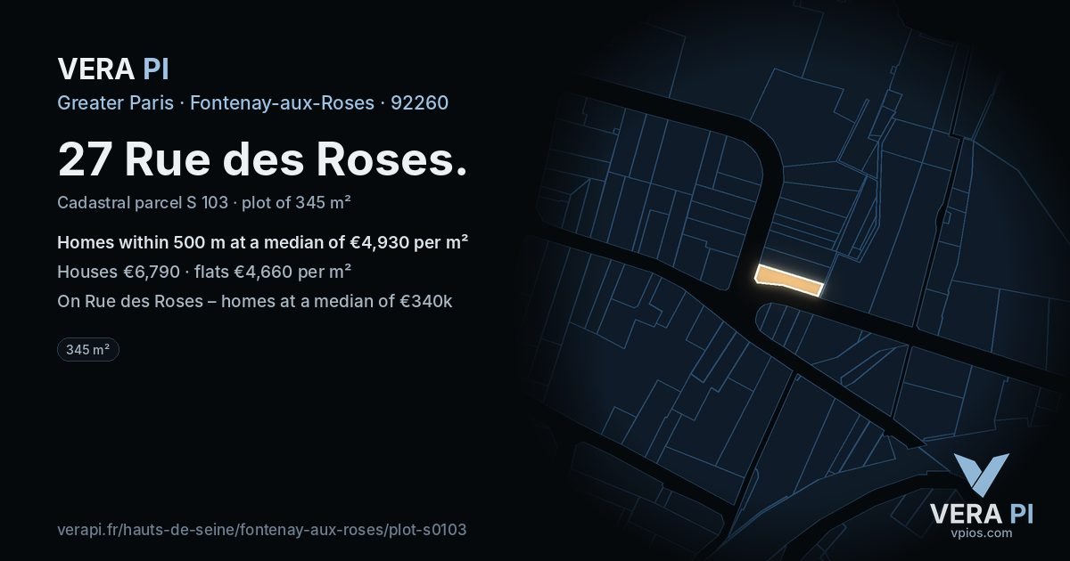 27 Rue des Roses, Fontenay-aux-Roses at night – the plot lit, the parcels around coloured by the prices near them