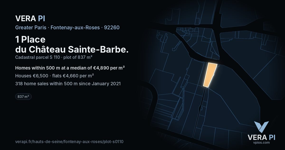1 Place du Château Sainte-Barbe, Fontenay-aux-Roses at night – the plot lit, the parcels around coloured by the prices near them