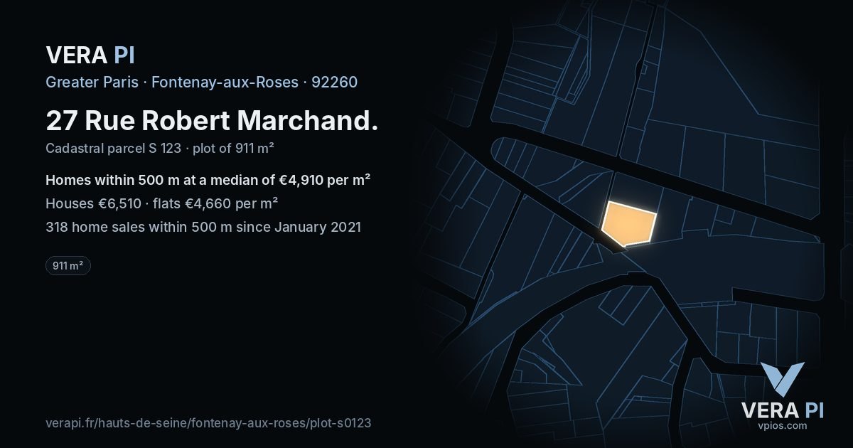 27 Rue Robert Marchand, Fontenay-aux-Roses at night – the plot lit, the parcels around coloured by the prices near them