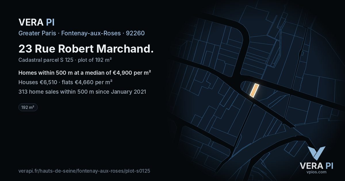 23 Rue Robert Marchand, Fontenay-aux-Roses at night – the plot lit, the parcels around coloured by the prices near them