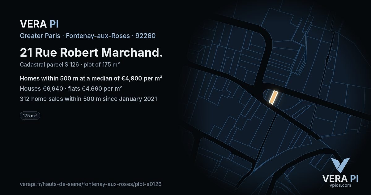 21 Rue Robert Marchand, Fontenay-aux-Roses at night – the plot lit, the parcels around coloured by the prices near them