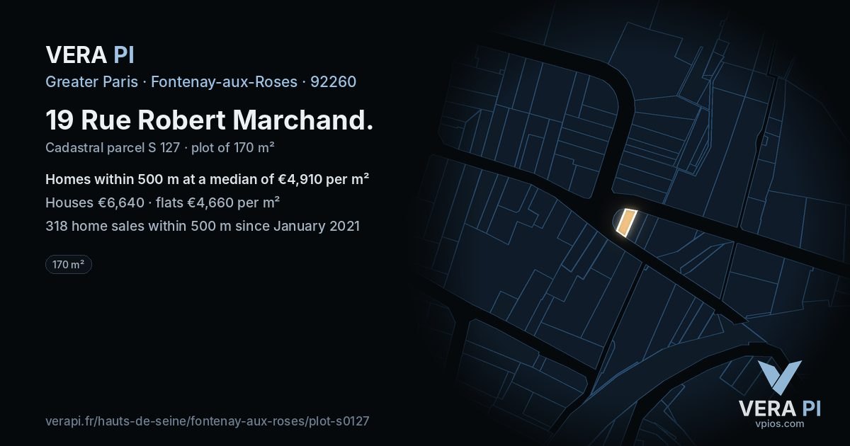 19 Rue Robert Marchand, Fontenay-aux-Roses at night – the plot lit, the parcels around coloured by the prices near them