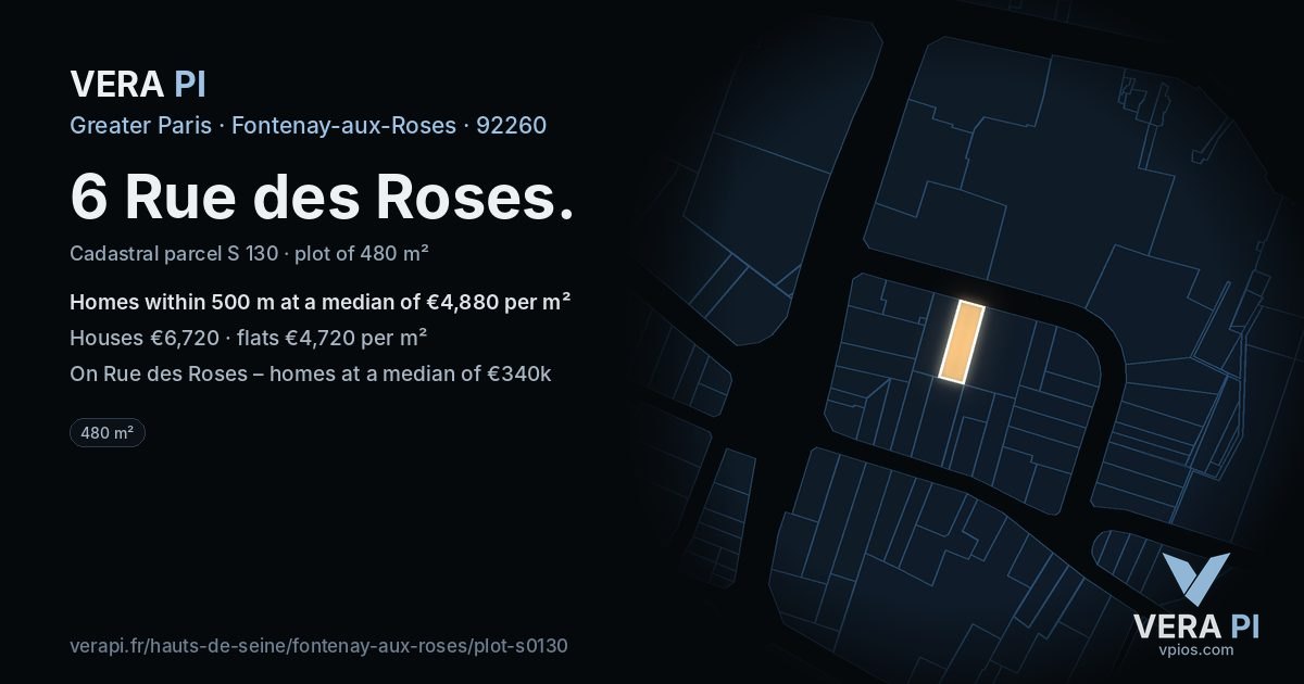 6 Rue des Roses, Fontenay-aux-Roses at night – the plot lit, the parcels around coloured by the prices near them