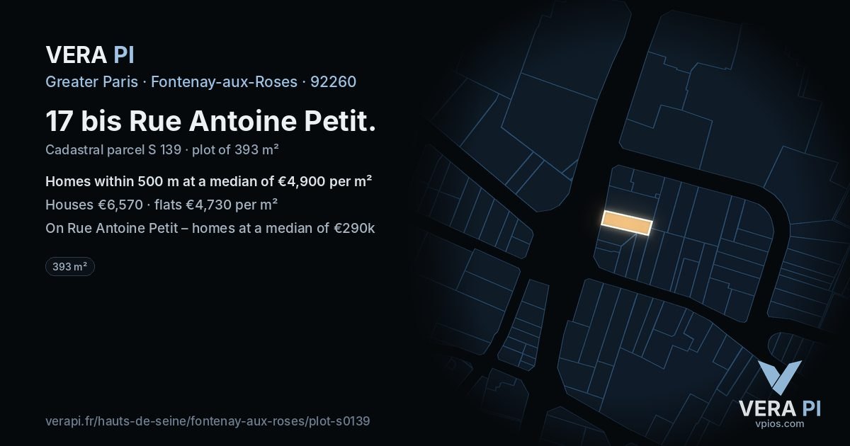 17 bis Rue Antoine Petit, Fontenay-aux-Roses at night – the plot lit, the parcels around coloured by the prices near them