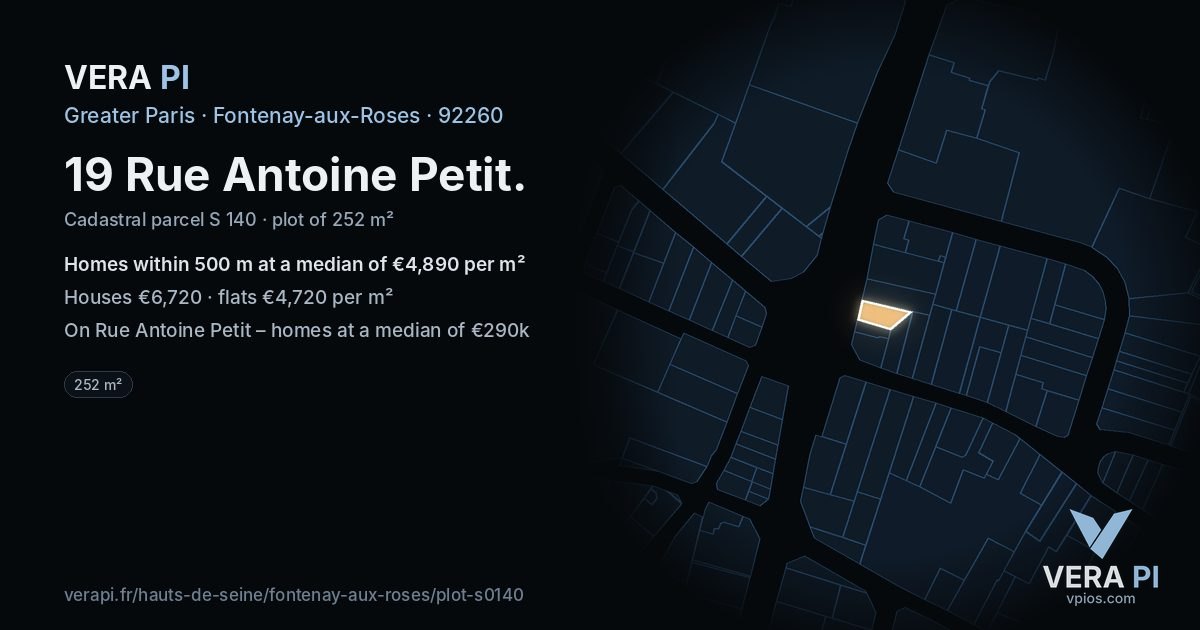 19 Rue Antoine Petit, Fontenay-aux-Roses at night – the plot lit, the parcels around coloured by the prices near them