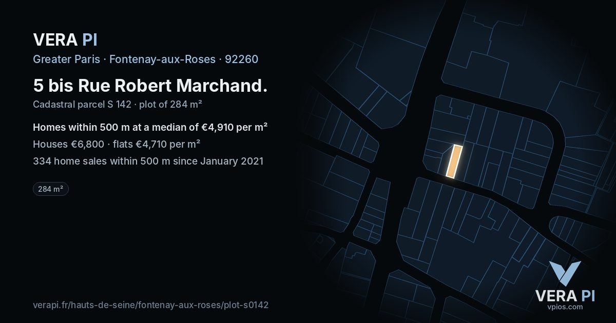 5 bis Rue Robert Marchand, Fontenay-aux-Roses at night – the plot lit, the parcels around coloured by the prices near them