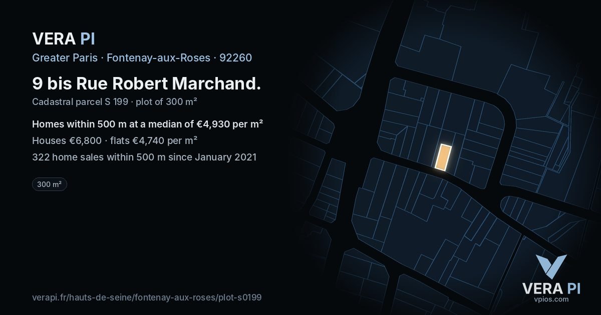 9 bis Rue Robert Marchand, Fontenay-aux-Roses at night – the plot lit, the parcels around coloured by the prices near them