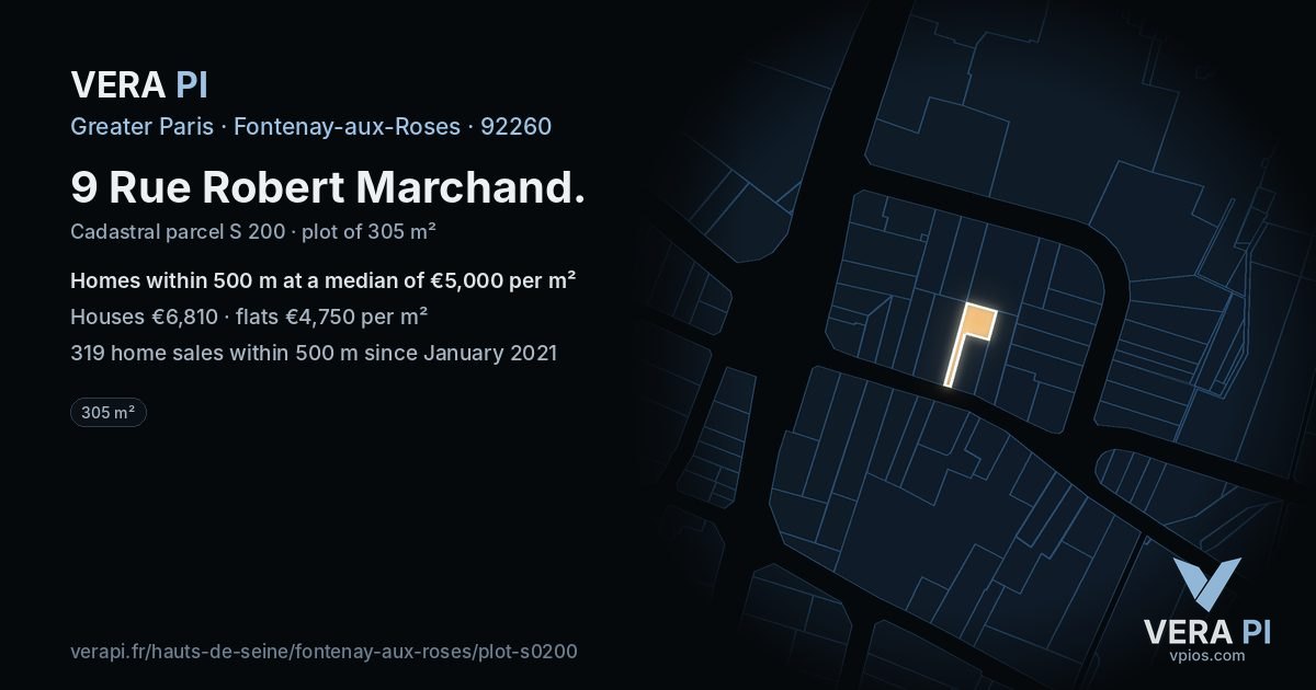 9 Rue Robert Marchand, Fontenay-aux-Roses at night – the plot lit, the parcels around coloured by the prices near them