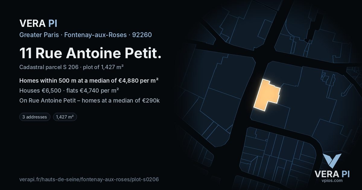 11 Rue Antoine Petit, Fontenay-aux-Roses at night – the plot lit, the parcels around coloured by the prices near them